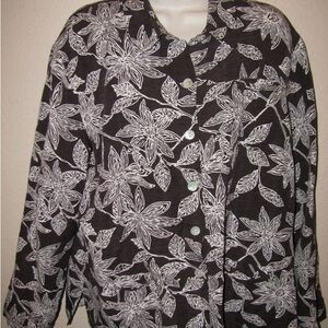 Chico's Dark Brown and White Leaf Print Silk & Linen Shirt - Size 2